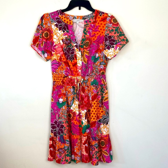 SALE Loft Patchwork Bloom Smocked Tie Waist Mini Dress Size Small - Picture 1 of 13